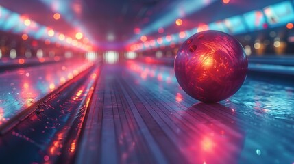 A red bowling ball rolling down a glossy alley reflecting neon lights in a dynamic and modern bowling scene