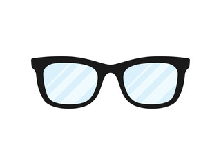 Glasses icon. Black rimmed spectacles with blue lenses on white background. Vector flat illustration.