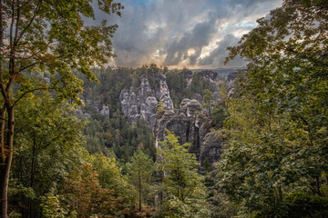 Landscape shot in the morning in a rocky landscape. On and around the Bastei Bridge in the Elbe...