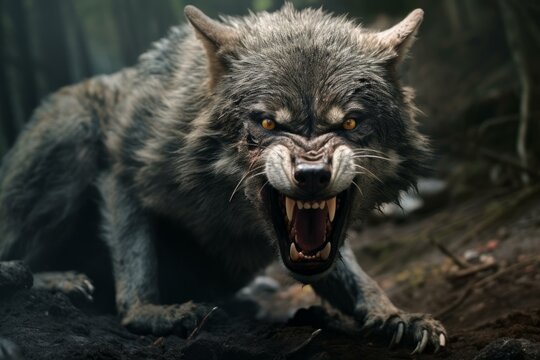 Fierce gray wolf growls menacingly in a dark, foggy woodland setting - Powered by Adobe