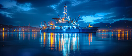 Perspectiive banner oil rig in the sea on evening