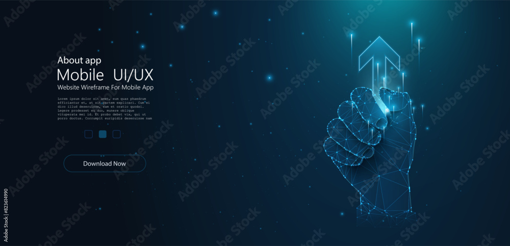 Poster low-poly 3d illustration of a human hand pointing upward with an arrow, symbolizing growth, progress