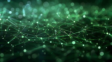 Abstract green digital network, connecting nodes and data points on a dark background. Futuristic technology concept.