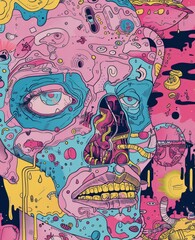 Colorful illustration of man's face with skull in the middle, creating a contrasting and intriguing image
