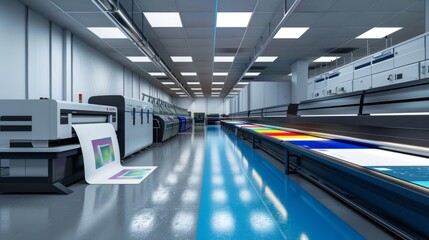 A large room with a blue floor and many machines