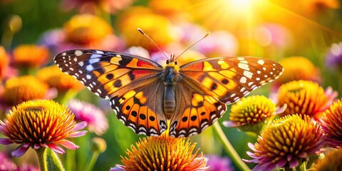 Close up of a butterfly on a wild flower in a sunny day