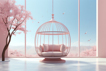 A pink hanging chair in a modern room with a large window