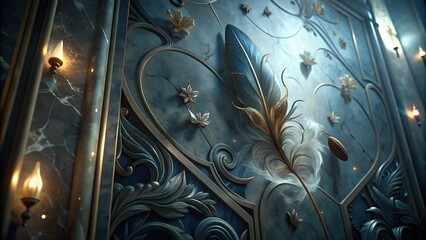 Close-up of a panel wall art with a marble background, featuring intricate silhouettes of a feather, flower, and butterfly, creating an elegant and ethereal ambiance