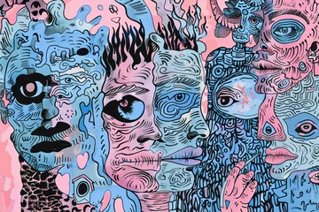Abstract Illustration of a Colorful Face with Multiple Faces and Expressions Overlapping in Blue and Pink Tones