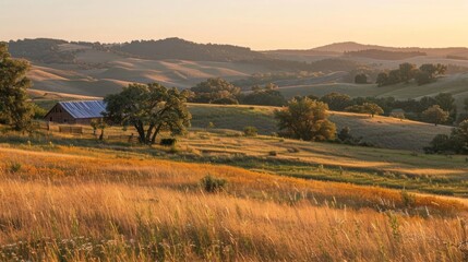 Fototapeta premium Golden hour landscape of rolling hills and a farmhouse, bathed in warm, soft light --ar 16:9 --style raw Job ID: 4789a394-1673-4fd4-80eb-0088c4bab0f1