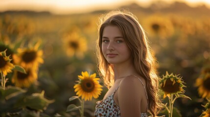 Golden hour portrait of a young woman in a sunflower field, with warm, flattering light --ar 16:9 --style raw Job ID: 49721bf6-b1e9-4a22-85bf-9fc9ef3d5960