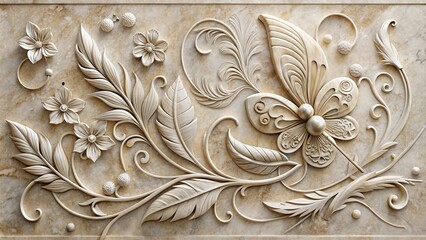 Decorative marble panel with intricate flower silhouette, delicate butterfly, and graceful feather design, adding texture and elegance to any wall