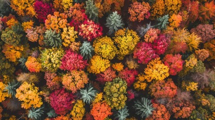 High-angle view of a vibrant autumn forest, showcasing a patchwork of red, orange, and yellow foliage --ar 16:9 --style raw Job ID: f4640172-a0a2-43ae-a7c9-4111dc903153