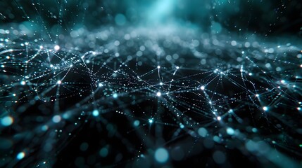 Abstract network background with connected dots and lines, representing data, technology, and communication in blue and black colors.