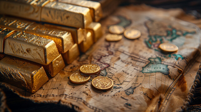 Gold Bars with Treasure Map - Gold bars arranged next to an old treasure map, creating an image of quest and adventure