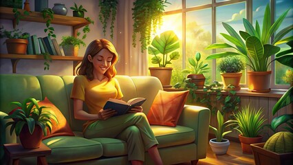 Femme souriante assise sur un canapé dans son salon, entourée de plantes et de livres, lisant et profitant d'une journée ensoleillée 