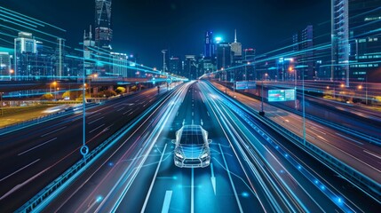 Illustrate the integration of electric cars into smart city infrastructure, from intelligent traffic management systems to seamless connectivity --ar 16:9