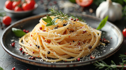 Pasta Primavera. Spaghetti pasta served with fresh herbs and vegetables, topped with fresh parmesan.