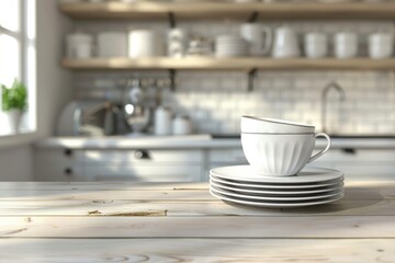Stack of clean dishes in the kitchen. AI generative