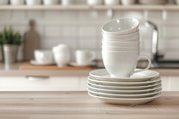 Stack of clean dishes in the kitchen. AI generative