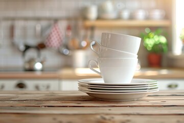 Fototapeta premium Stack of clean dishes in the kitchen. AI generative