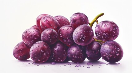 Photorealistic frontal view of juicy, vibrant purple grapes, crisp details, perfect lighting, isolated on a stark white background, every grape meticulously captured with natural sheen and texture