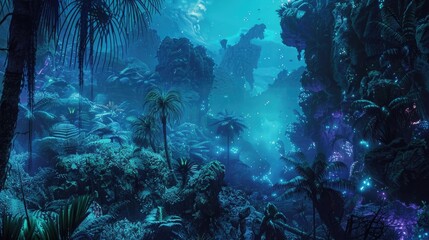 Fototapeta na wymiar A surreal jungle landscape, with bioluminescent plants and strange, alien creatures.