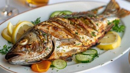 A close-up shot of a deliciously grilled fish presented on an elegant plate, garnished with lemon and cucumber slices. The fish displays intricate grill marks, offering a visual feast