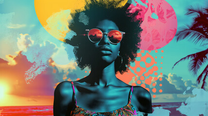Pop art retro summer concept. Palm leaf and colorful strokes on the background of African woman wearing sunglasses. Summer concept after party banner.