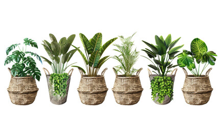 Fototapeta premium A row of potted plants stacked on top of each other, displaying various sizes and types on isolated transparency background