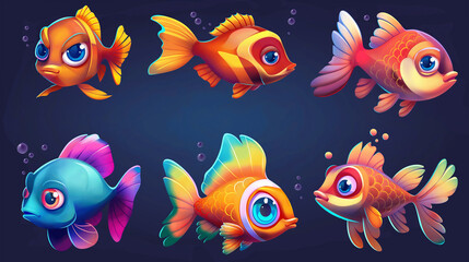 Fototapeta premium Asset of fish with cartoon style on dark background, Illustration.