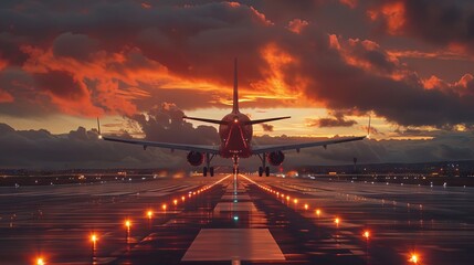 An airplane lands on a runway at sunset, with vibrant sky colors creating a dramatic backdrop.
