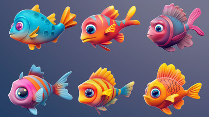 Fototapeta premium Asset of fish with cartoon style on dark background, Illustration.