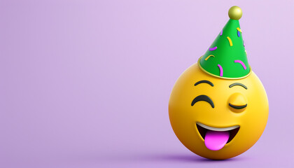 Perfectly circular yellow emoji with a winking expression, sporting a green party hat, right side, violet background with left text space.