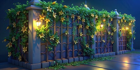 Lush and vibrant winter jasmine plant, ivy and vine decorate wall and fence, isolated on...