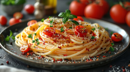 Pasta Primavera. Spaghetti pasta served with fresh herbs and vegetables, topped with fresh parmesan.