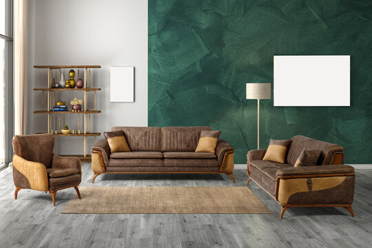 3D rendering modern living room .modern furniture set.