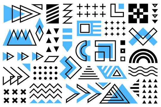 A vivid collection of different geometric shapes, Memphis set in blue and black, arranged on a white background. The composition includes triangles, circles, squares, zigzags and other shapes.