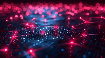 Fototapeta premium Futuristic digital network with glowing nodes and connections, depicting modern technology and data transfer. High-tech visual background.