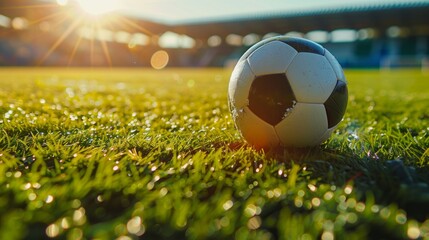 Fototapeta premium Close-up of soccer ball on lush green field in a large stadium under bright sunlight