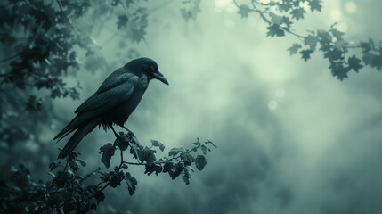 Crow in Dark Forest - A crow perched on a branch in a dark forest, surrounded by fog and tree...