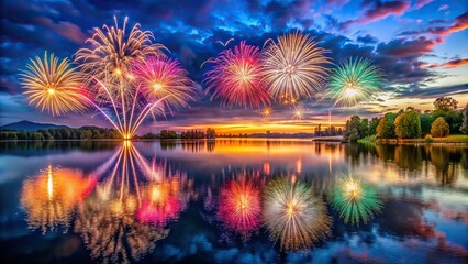 Panorama of a colorful fireworks display over a tranquil lake, with vibrant reflections dancing on the water's surface