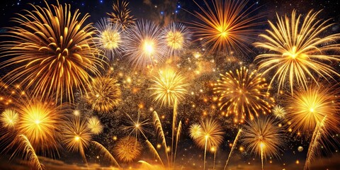 Night sky with golden fireworks exploding in various shapes and sizes, illuminating the darkness and creating a festive atmosphere