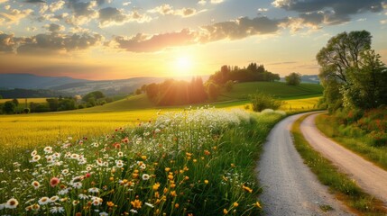 Beautiful serene countryside scene with a winding country road bordered by fields of blooming flowers
