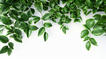 Fresh green leaves cascading from above against a clean white background, creating a natural and vibrant composition.