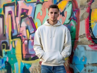 Man wearing a blank hoodie while standing in front of an urban mural