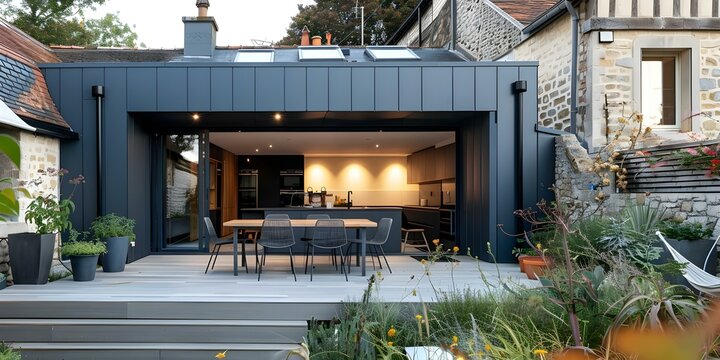 A Detailed Look at Tudor and Modern Materials in a House Extension. Concept Tudor Architecture, Modern Extension, Building Materials, House Renovation