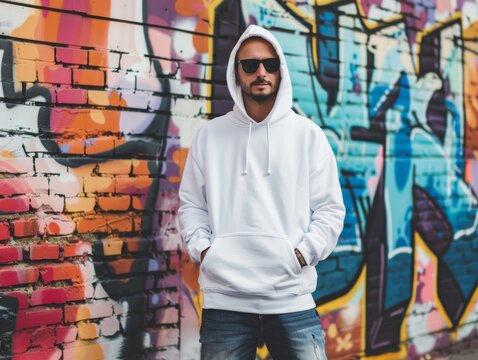 Man wearing a blank hoodie while standing in front of an urban mural