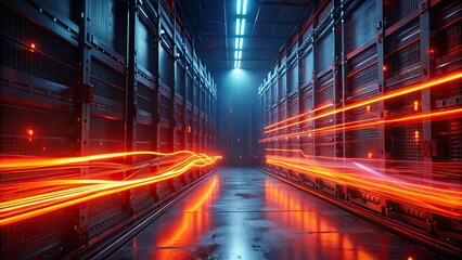 Fototapeta na wymiar Red and orange light streaks on the background of a dark rack server room