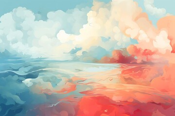 A beautiful painting of a beach with a blue sky and pink clouds